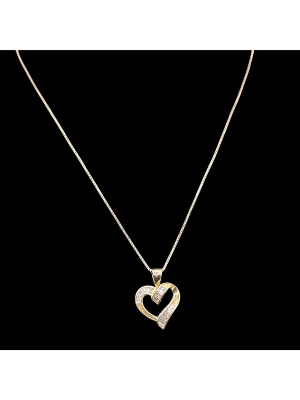 Heart Pendant Vermeil Baguette CZ Necklace Box Chain 19" 925 Cottage Fairy Love - Picture 4 of 15